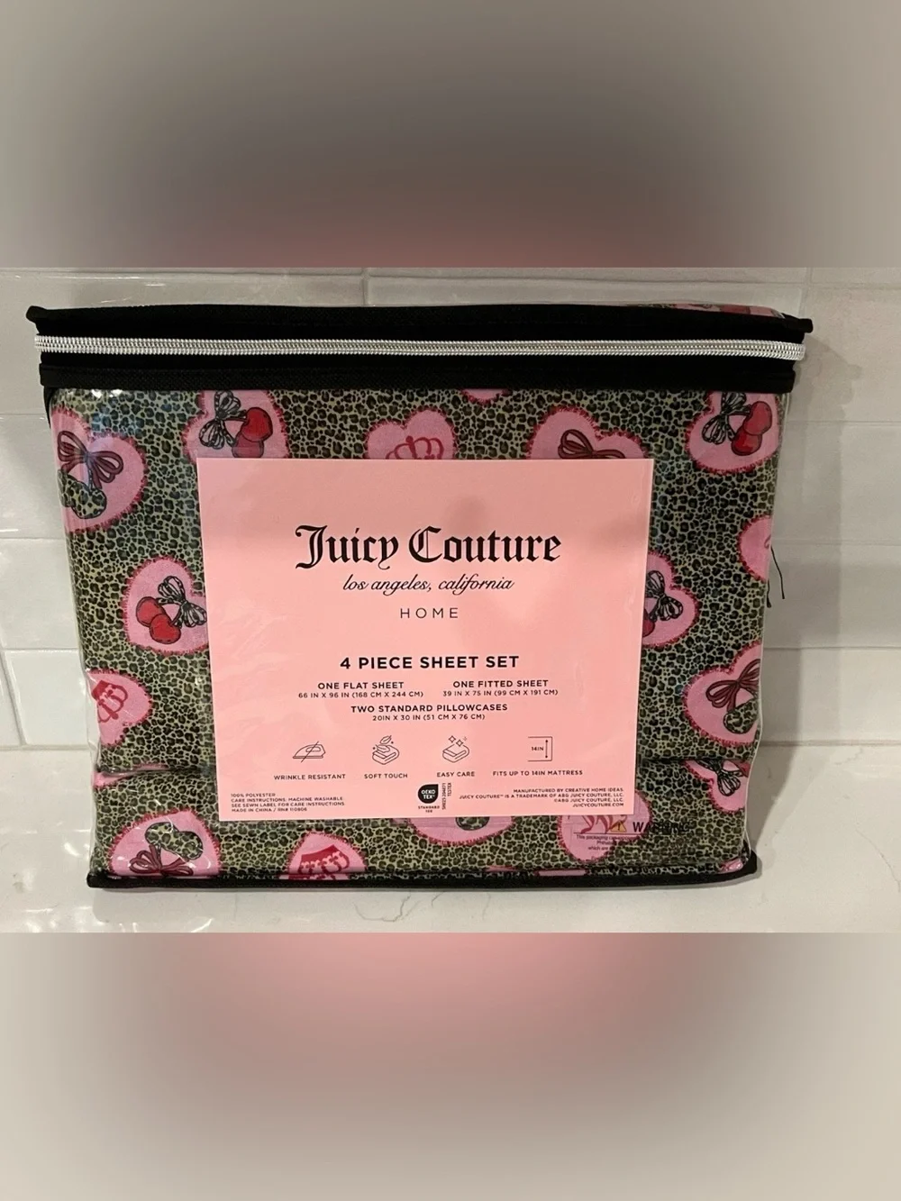 JUICY COUTURE Twin Sheet Set 4pc New Cherries Heart Crown Leopard Cheetah Y2K